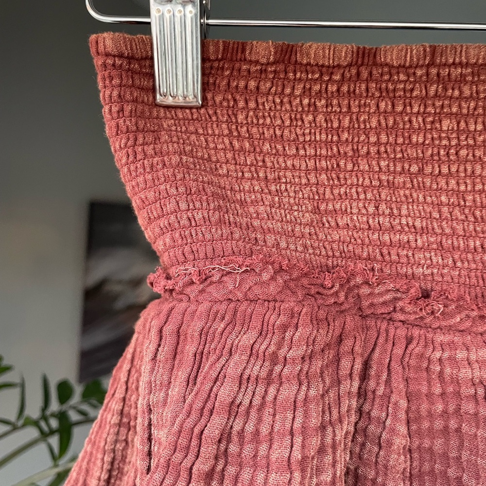 Anthropologie Red-Maroon Skater Mini Skirt Smocked Tiered Casual - Picture 7 of 8